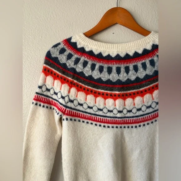 GAP Mohair Wool Blend Fair Isle Nordic Crew Neck Sweater Cream Women XS - Picture 2 of 8